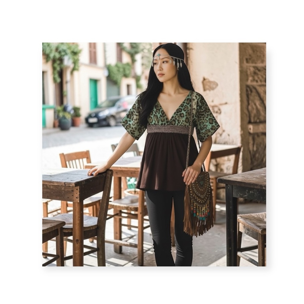 Linda Segal ⌘ Braided Belt Plunging Neckline Top ⌘ Chocolate Mint Leopard ⌘ L ⌘